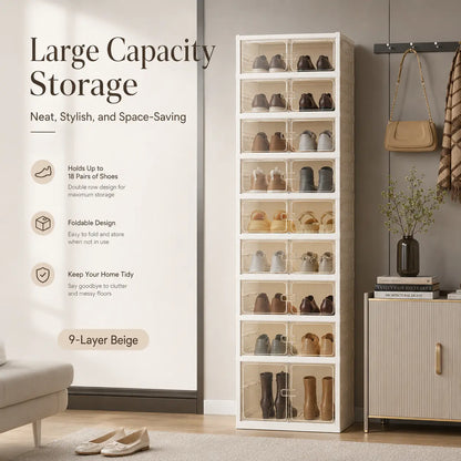 Foldable 9‑Tier Magnetic Shoe Cabinet, Stores 18 Pairs, No‑Install