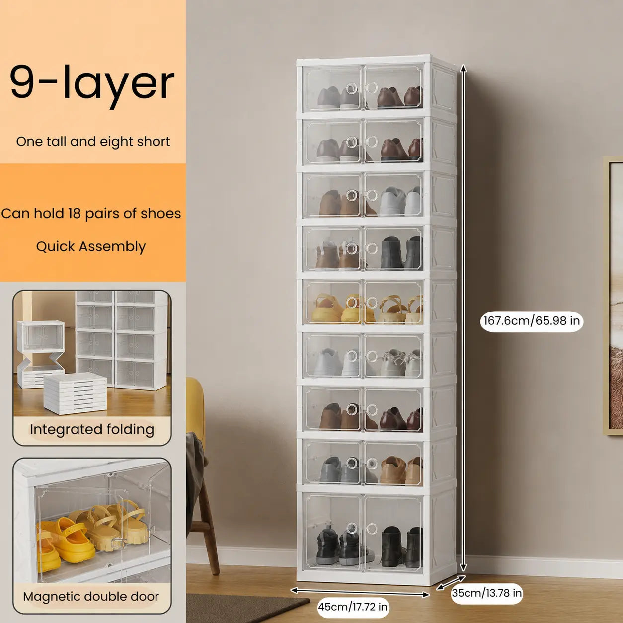 Foldable 9‑Tier Magnetic Shoe Cabinet, Stores 18 Pairs, No‑Install