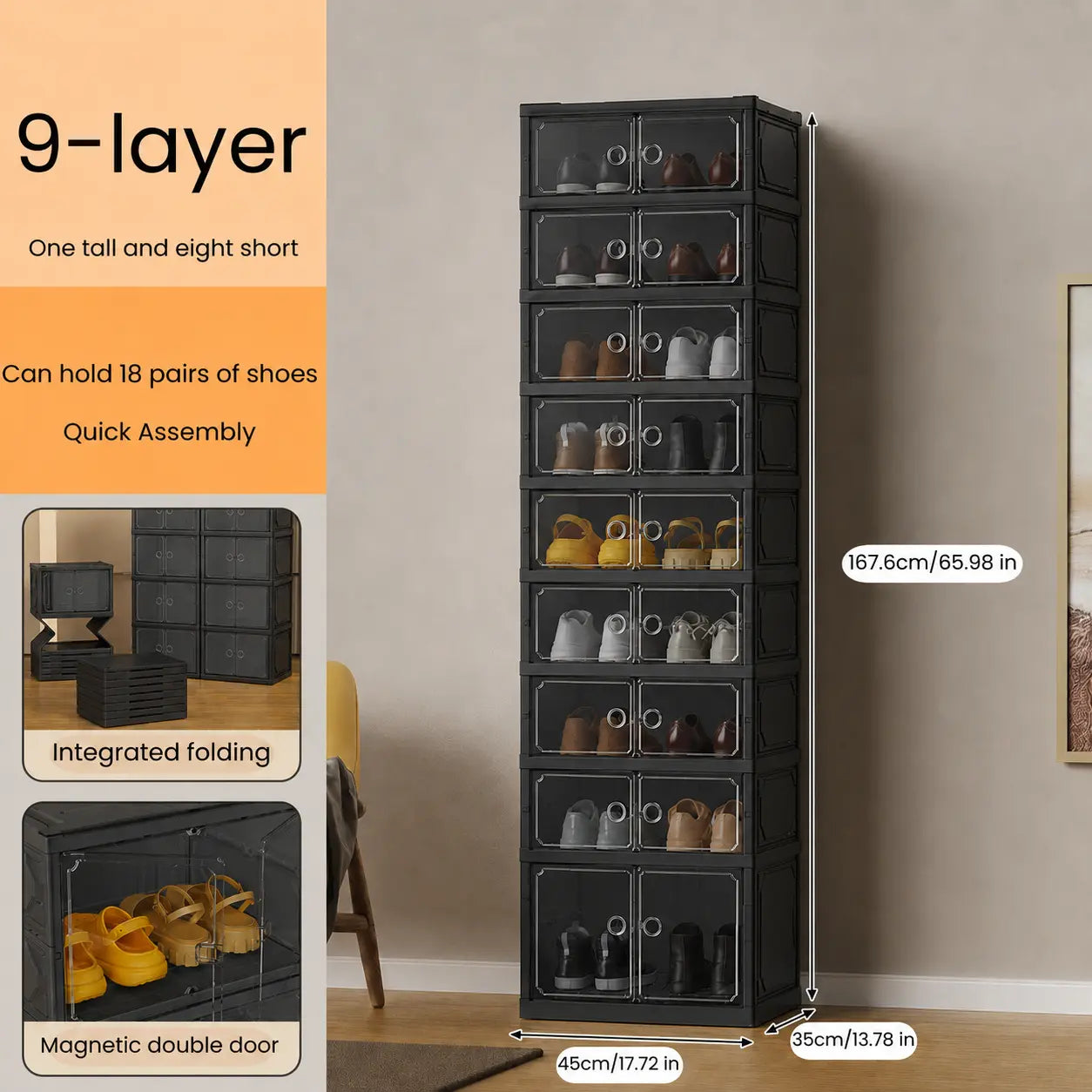 Foldable 9‑Tier Magnetic Shoe Cabinet, Stores 18 Pairs, No‑Install