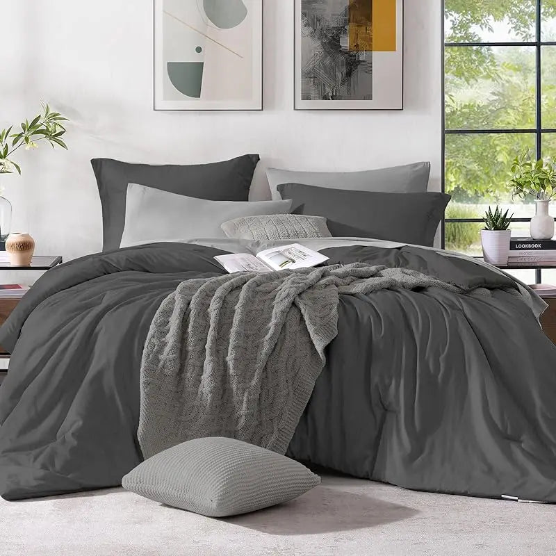 Queen 7‑Piece Reversible Microfiber Bed‑in‑a‑Bag with Storage Pockets