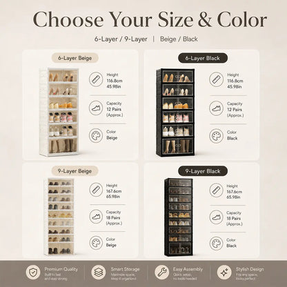 Foldable 9‑Tier Magnetic Shoe Cabinet, Stores 18 Pairs, No‑Install